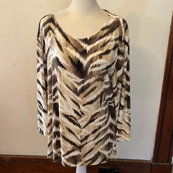 JM Collection brown tan white patterned long sleeve top Size XL - Picture 2 of 9